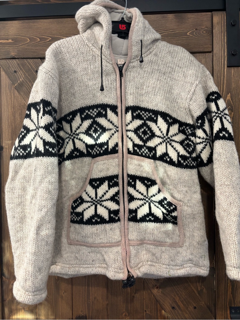 Nepal 100% Wool Fair Isle Snowflake Fleece Lined Hooded Jacket L